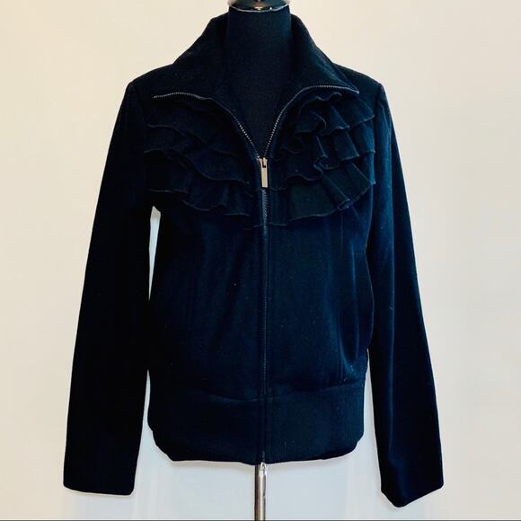 Steve Madden black ruffle front wool blend full zip up coat size Large - Picture 1 of 12